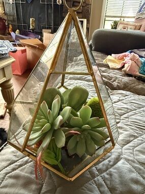 Geometric Glass & Gold Terrarium with Faux Succulents